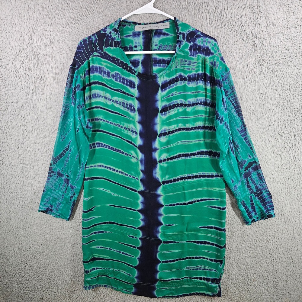 Raquel Allegra‎ Green Navy Tie Dye 100% Silk Shift Dress Womens Size 1 USA Made